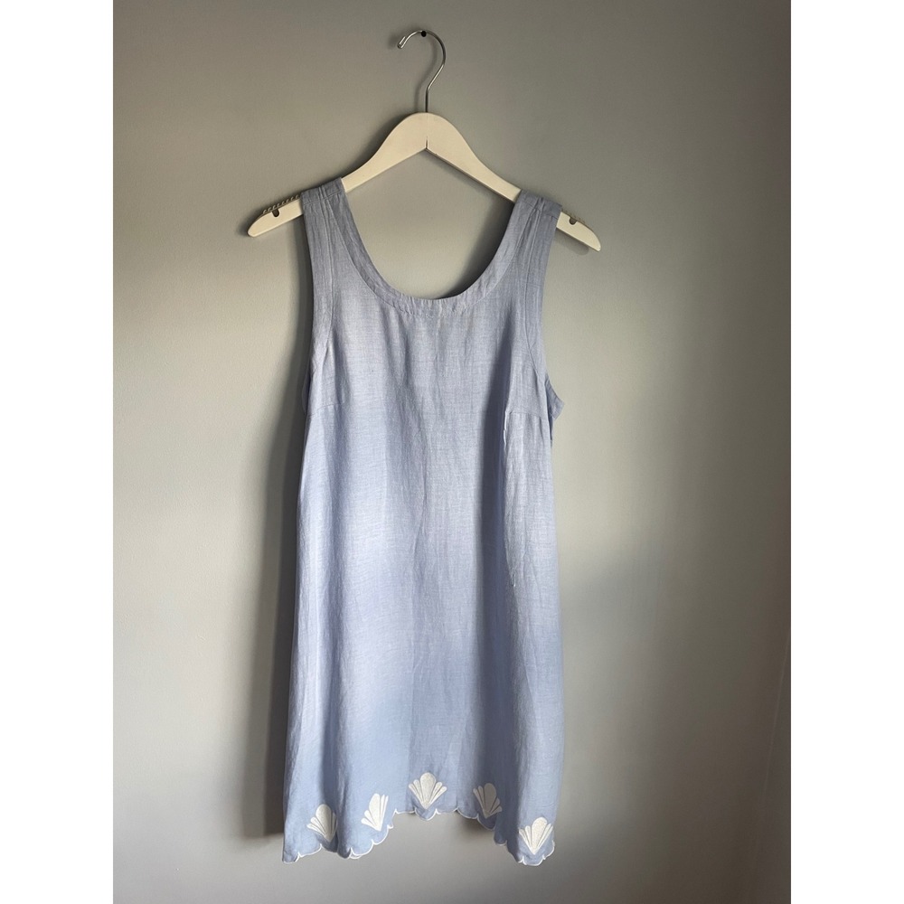 Calypso St Barth Blue Linen Shell Embroidered Scallop Hem Pocket Shift Dress S